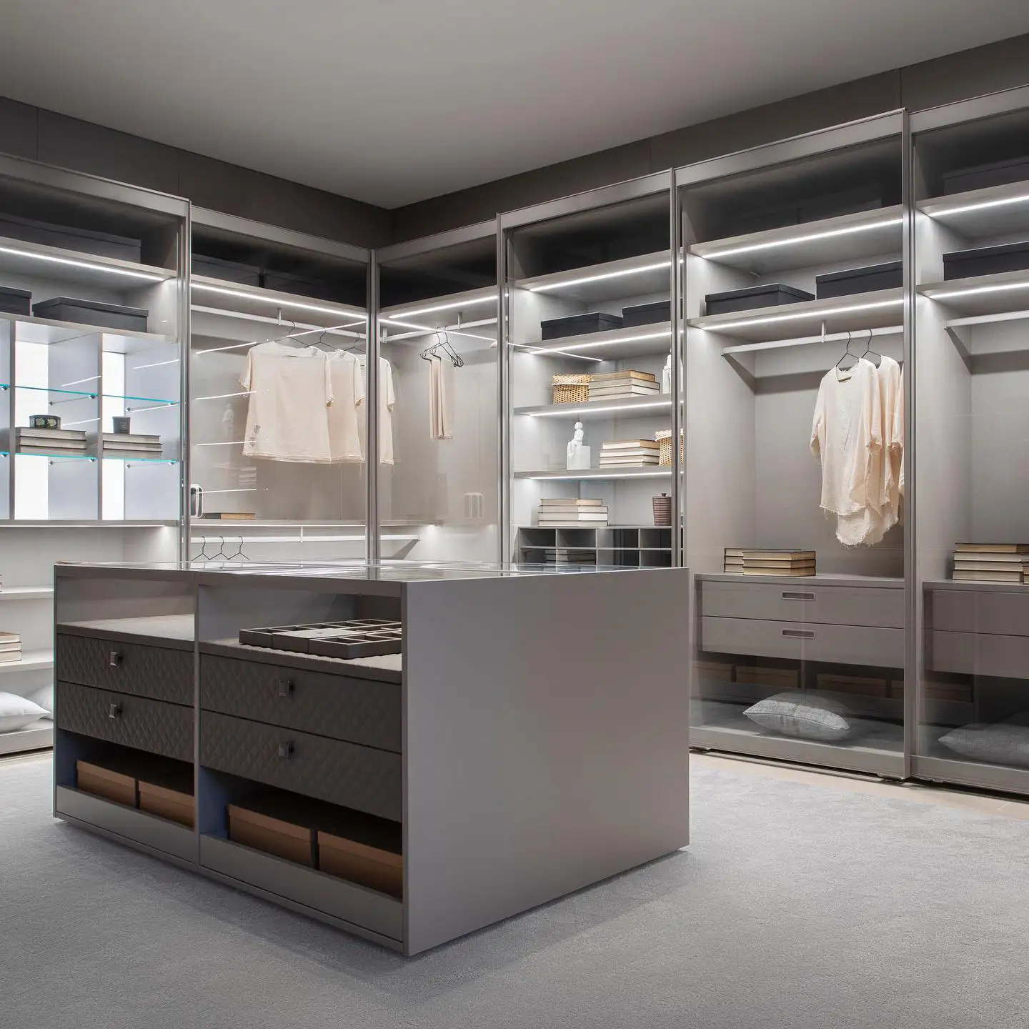 Walk-in closet showroom with glass-front wardrobes, hanging clothes, shelves, and built-in drawers in a neutral gray palette.
